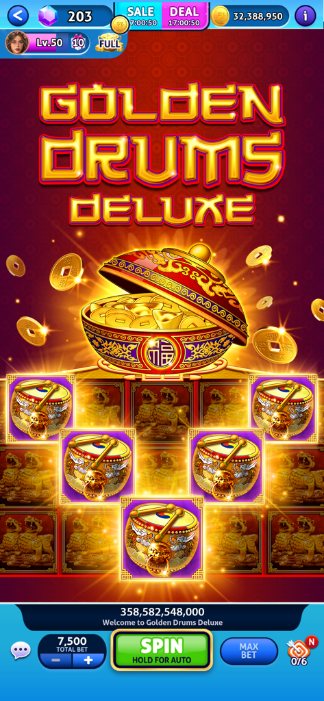 Jackpot Madness Slots Casino - A screenshot of the Golden Drums Deluxe slot machine game in the Jackpot Madness app featuring a Chinese theme with golden coins and drums.