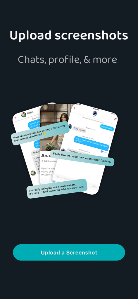 Wingman AI: Texting Guide - Interface de l'application Wingman AI montrant la fonction de téléchargement de captures d'écran pour l'analyse des conversations de rencontres et les suggestions de réponses par IA.