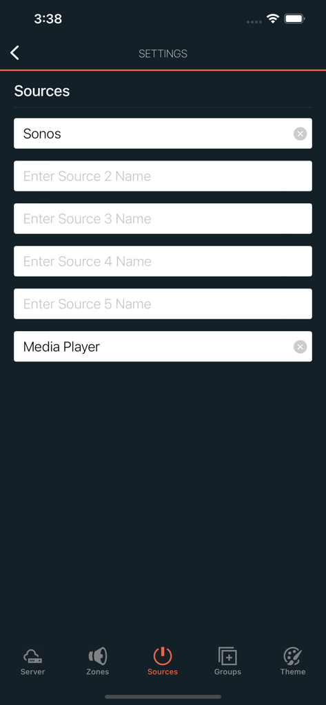 Monoprice Whole Home Audio - Audio sources configuration screen in the Monoprice app showing Sonos and Media Player options
