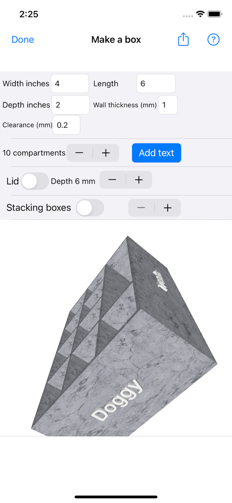 3D Box Maker - Interface of 3D Box Maker app showing dimension inputs and a 3D preview of a custom box with compartments