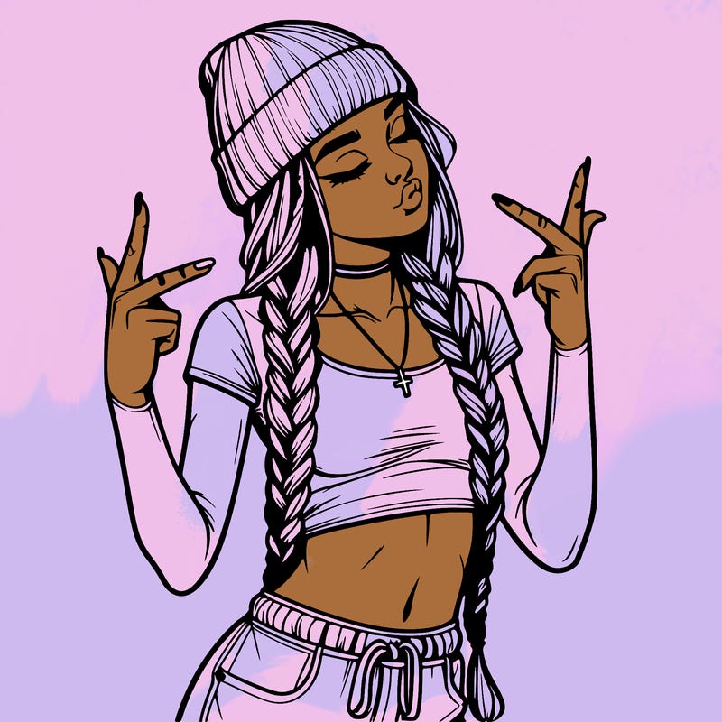 realistic teenage girl with braids and a beanie and crop top doing 🫶🏼