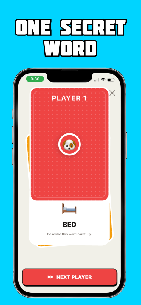 Imposter Game Online - Uma tela de celular mostrando o Jogador 1 com a palavra secreta CASA no aplicativo Imposter Game Online