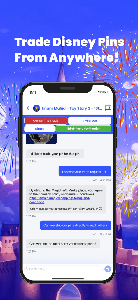 Chat interface in the MagicPin app showing a conversation between two Disney pin collectors negotiating a trade