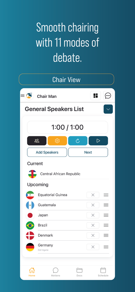 Interface of the MUN Command app's chair view showing a general speakers list with a countdown timer and list of country delegates.