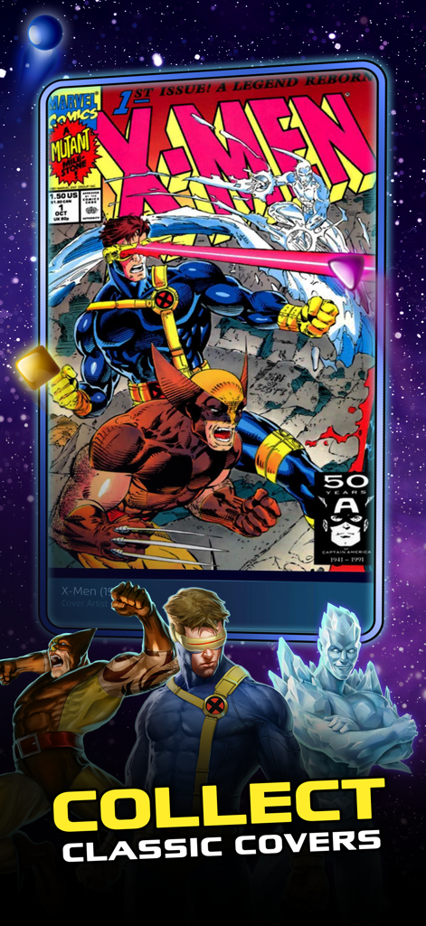 MARVEL Puzzle Quest: Hero RPG - Tela de jogabilidade do Marvel Puzzle Quest mostrando capas clássicas de quadrinhos dos X-Men para coletar