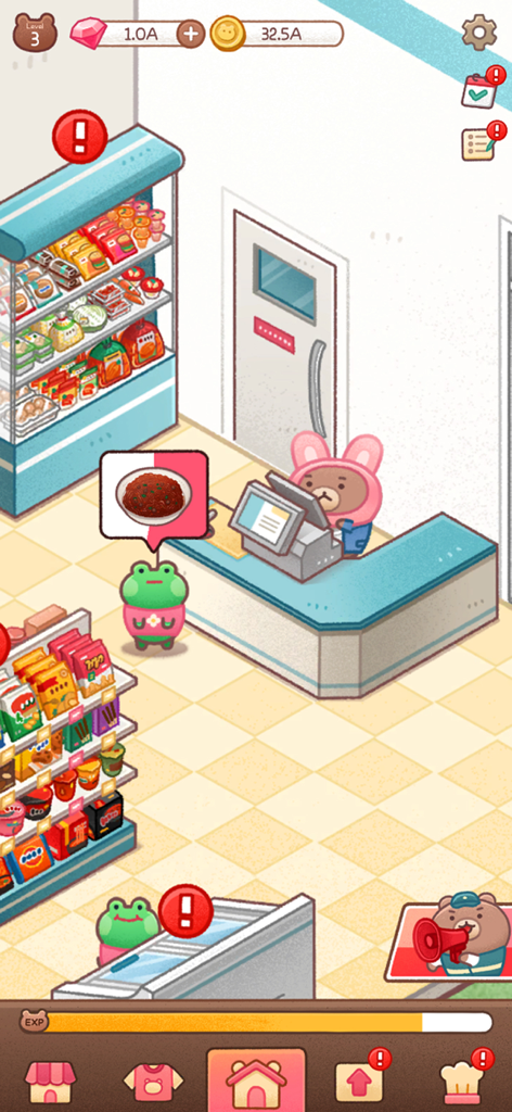A cute bear in a bunny hood serves a frog customer at a convenience store checkout counter in a cozy idle simulation game.
