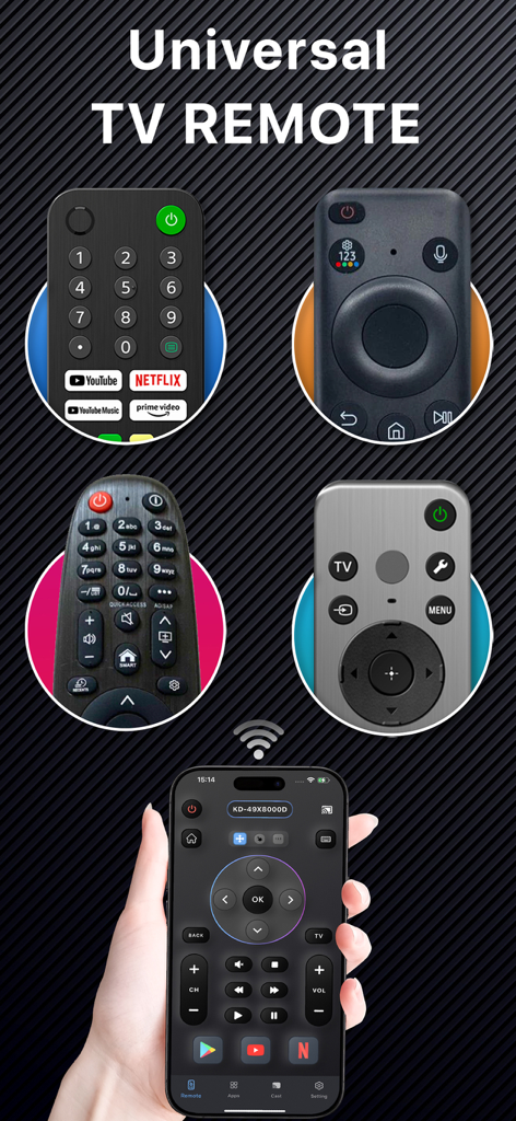 A universal TV remote app on an iPhone screen alongside several physical remotes.