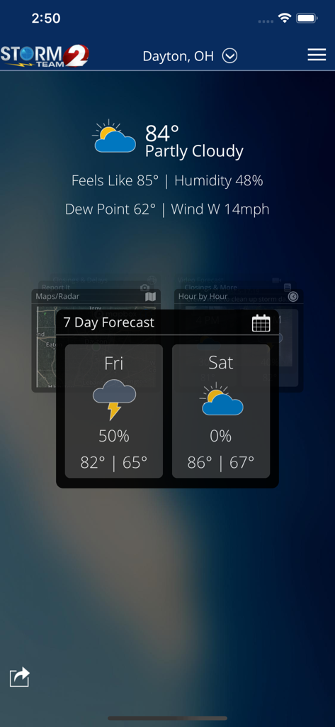 Interfaccia dell'app WDTN Weather che mostra la temperatura attuale e le previsioni a 7 giorni per Dayton Ohio