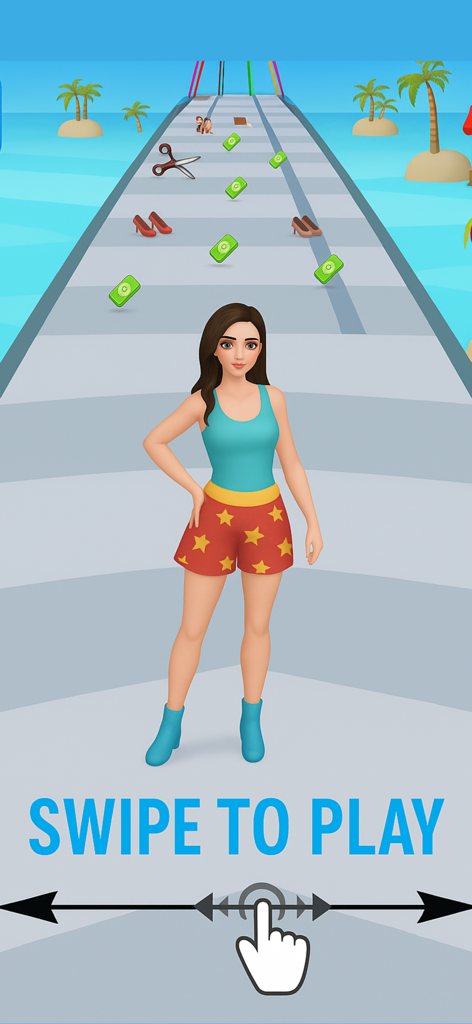 Makeup Girls Dress up Game - Captura de pantalla de un juego móvil de una chica en una pasarela con objetos coleccionables y texto 'swipe to play'.