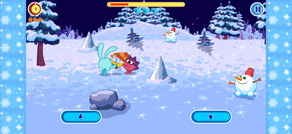 Kikoriki characters in a snowy winter game level with snowmen
