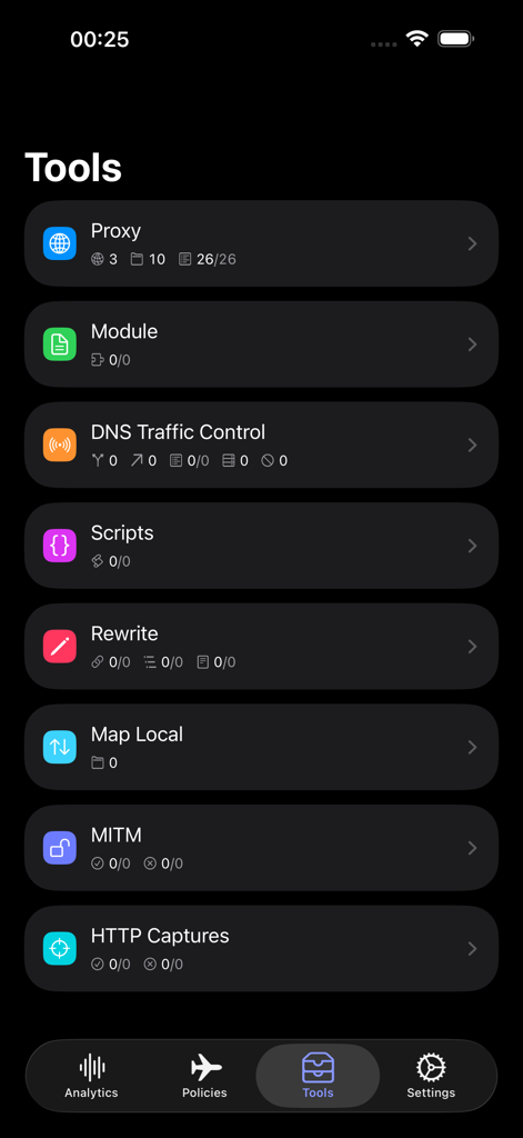 Egern - Egernアプリのツールメニュー。プロキシ、DNSトラフィック制御、MITMなどのネットワークモジュールを表示。