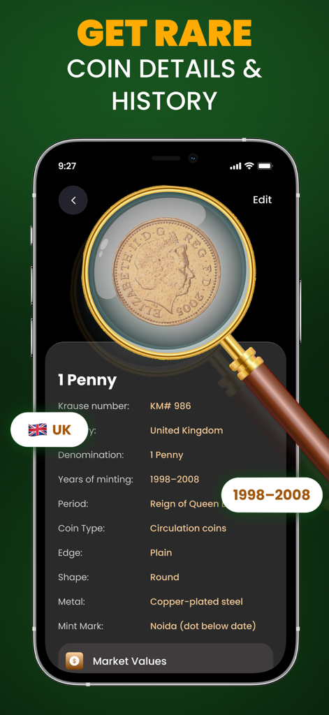 Coin Identifier: Coin ID Scan - Interfaz de la aplicación mostrando información histórica detallada y especificaciones técnicas para una moneda de un penique del Reino Unido