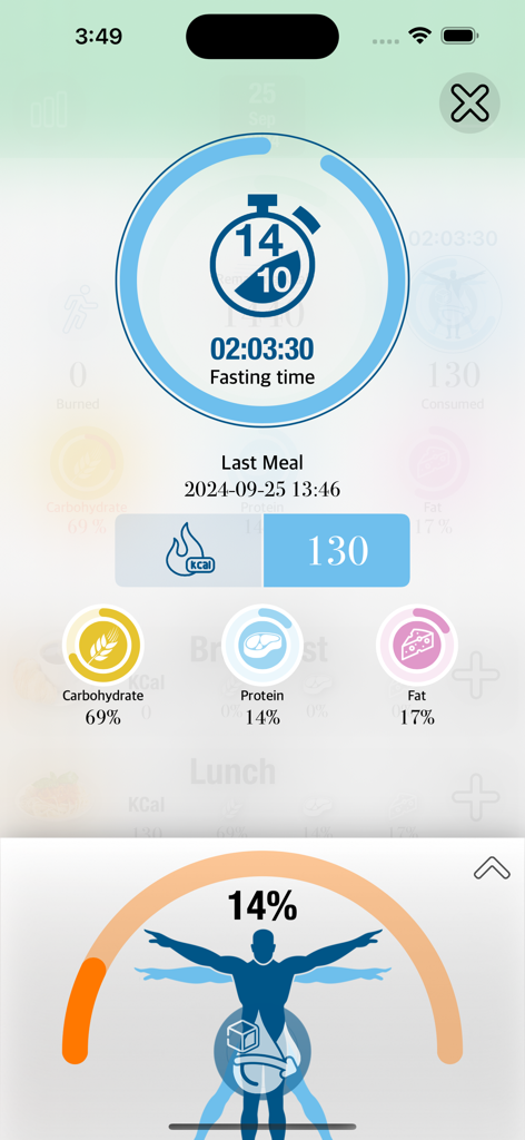 Calorie Tracker & Fasting AI - Panel de la aplicación Calorie Tracker y Fasting AI mostrando el temporizador de ayuno y el desglose de macros.