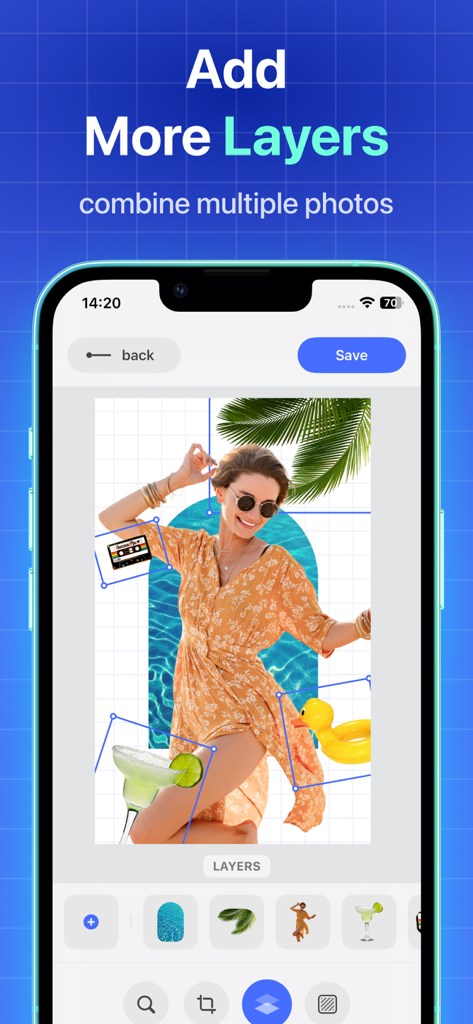 Background Remover - PNG Maker - A mobile interface for Background Remover PNG Maker showing the add more layers feature to combine multiple photos.