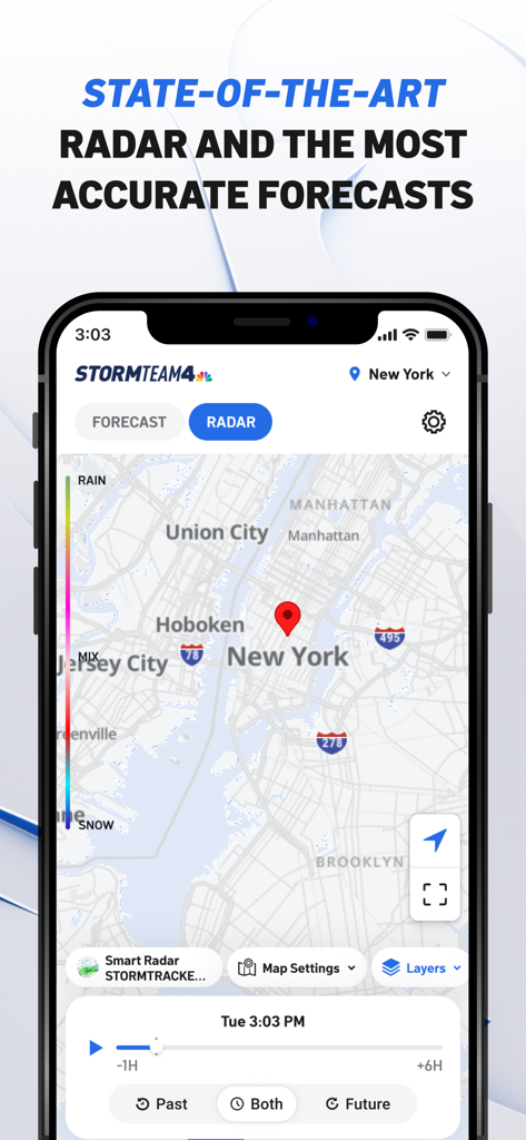 NBC 4 New York: News & Weather - Mapa interactivo de radar meteorológico de la ciudad de Nueva York y sus alrededores en la aplicación NBC 4 New York.