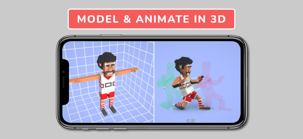 Animatoon Pro - Voxel character being modeled and animated in 3D on a smartphone screen using Animatoon Pro