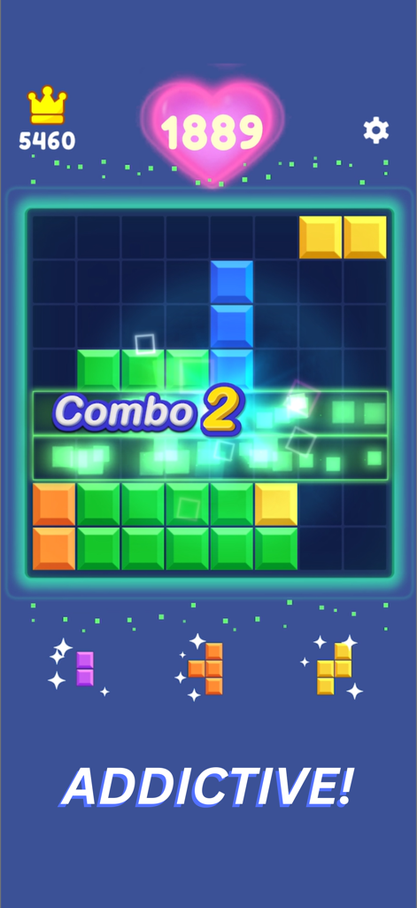 Block Puzzle Fun Game - Captura de pantalla del juego del Juego Divertido de Bloques mostrando un combo de emparejamiento de colores en una cuadrícula de ocho por ocho