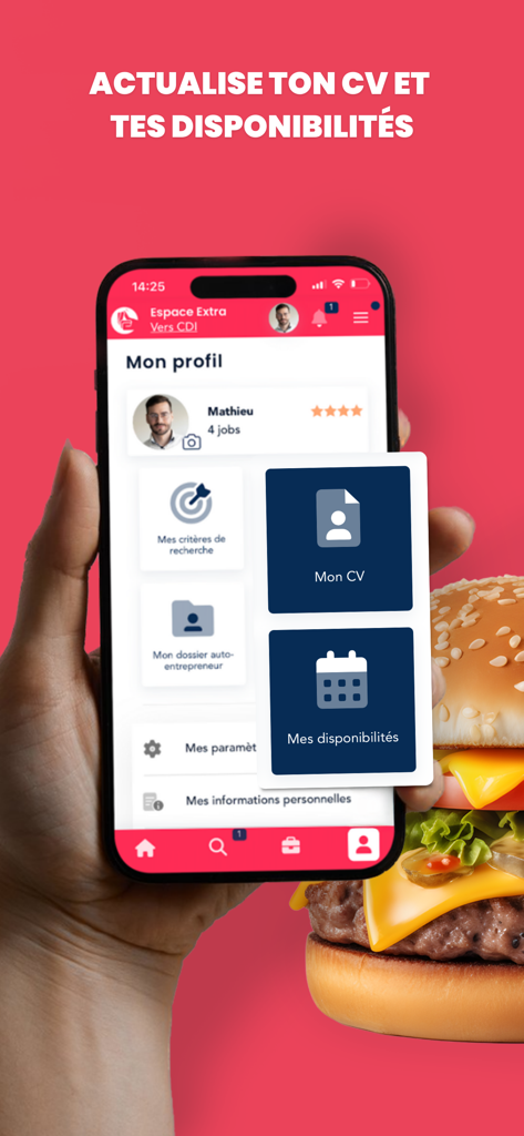 Extracadabra, ton job au choix - Extracadabra app interface for managing user profile CV and availability