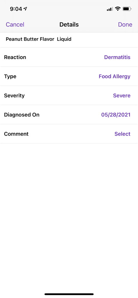 Althea Health app interface showing a severe food allergy record for peanut butter with dermatitis reaction