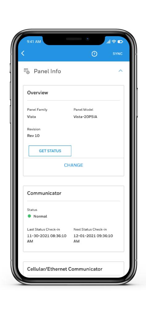 Captura de pantalla de la aplicación móvil AlarmNet 360 que muestra información del panel para un sistema de seguridad Vista-20PSIA que incluye el estado del comunicador.