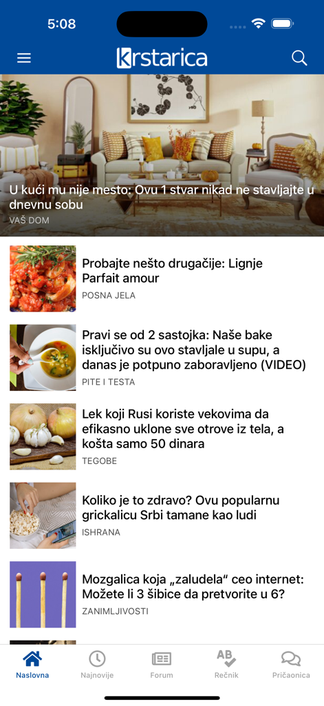 Krstarica forum, vesti, zabava - Pantalla de inicio de la aplicación móvil Krstarica mostrando una variedad de artículos de estilo de vida y noticias en serbio