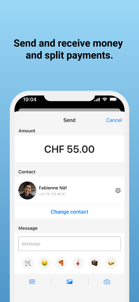 prepaid TWINT & other banks - TWINT app screen showing a money transfer of 55 CHF to a contact