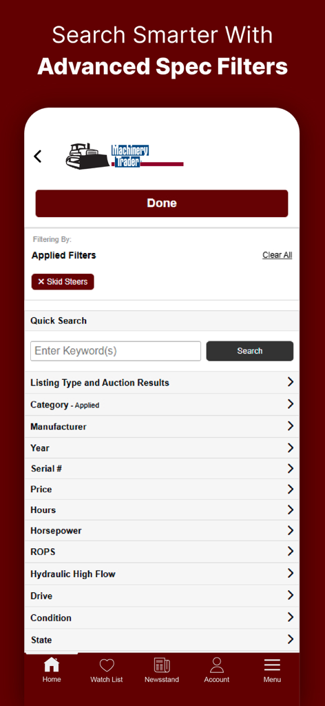 MachineryTrader app screen showing advanced search filters for heavy machinery and construction equipment