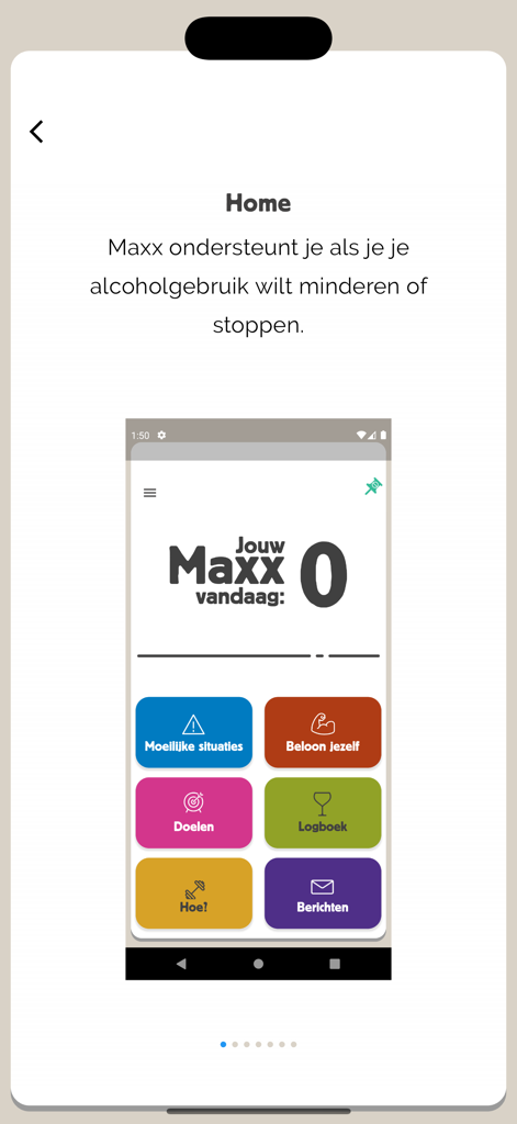 Maxx: grip op alcoholgebruik - Maxx app home screen showing the alcohol tracking dashboard and navigation buttons for goals and logs