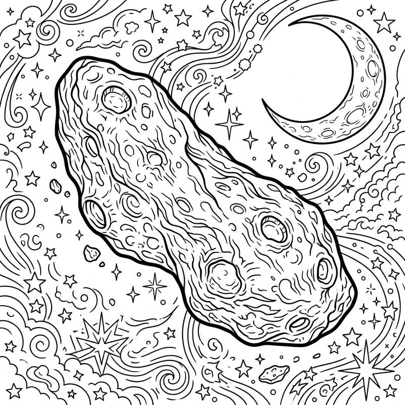 Embark on an astronomical adventure with this captivating coloring page featuring the mighty Eros asteroid. Surrounded by a mesmerizing night sky, it's a stellar canvas waiting for your creative touch.