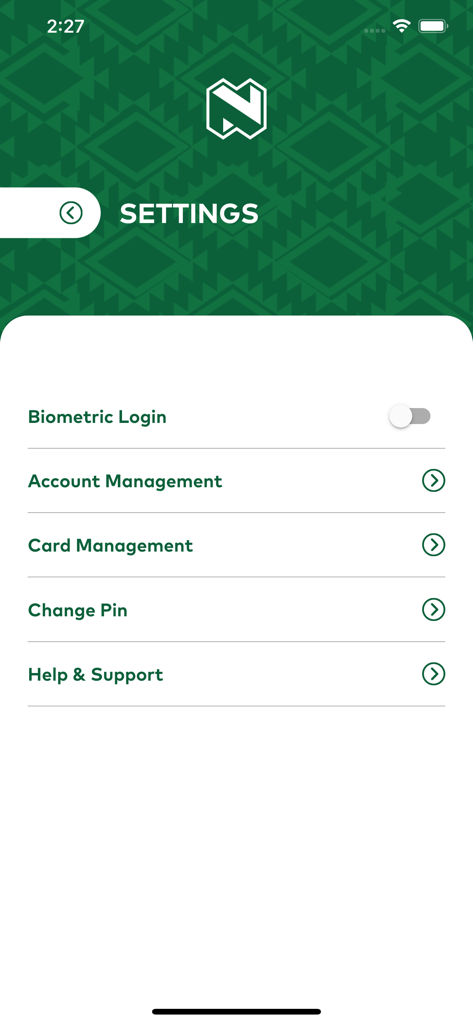 Nedbank Mobile Bankingアプリの設定メニュー。生体認証ログインやアカウント管理オプションが表示されています。