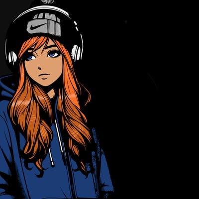 realistic girl wearing headphones, a hoodie, a beanie, and nikes