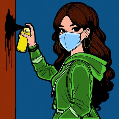 realistic girl with mask spray painting a wall