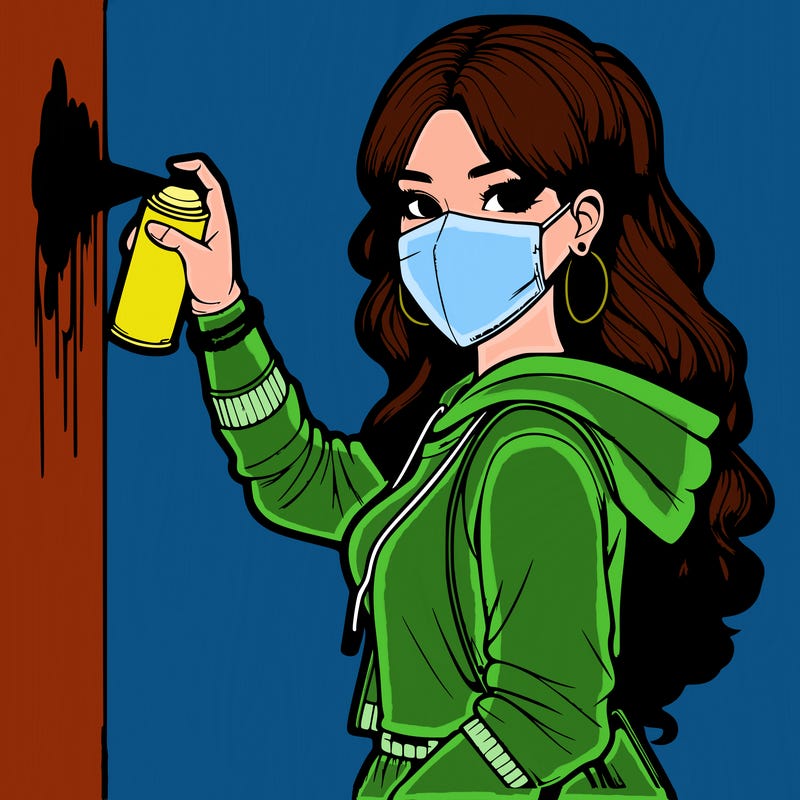 realistic girl with mask spray painting a wall