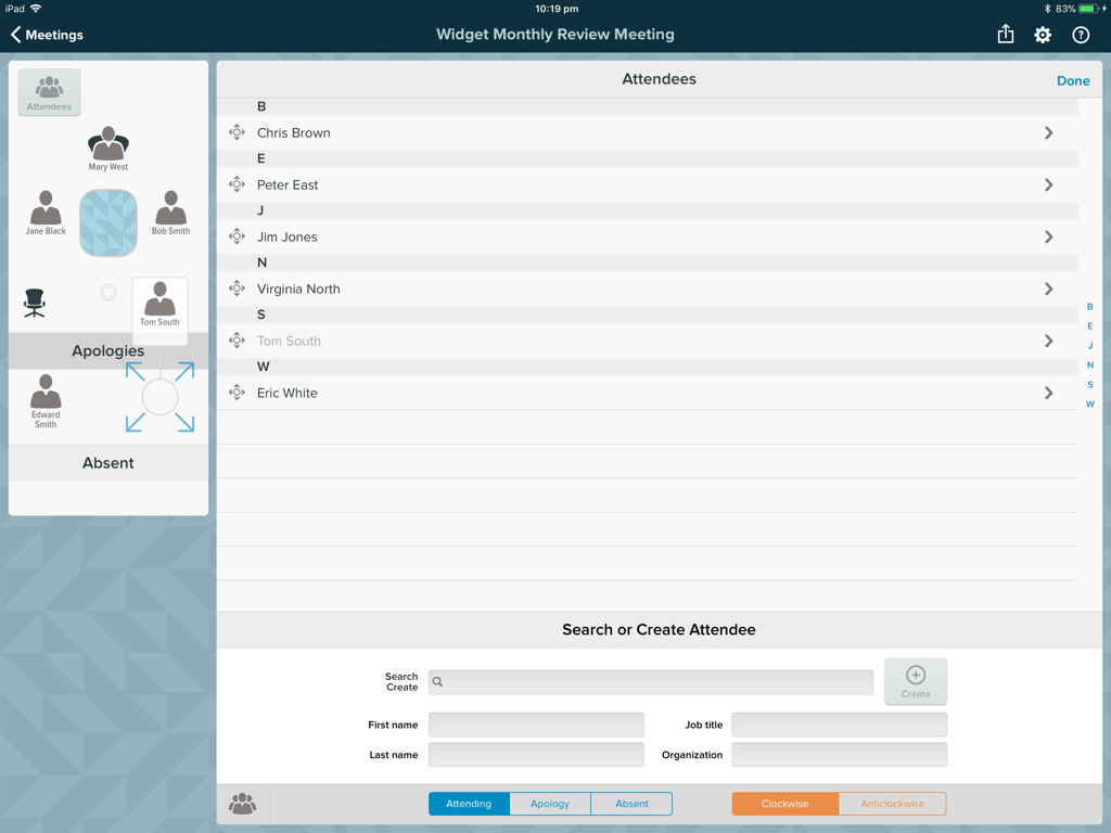 Meeting attendance management screen on iPad showing attendee list and visual seating arrangement.