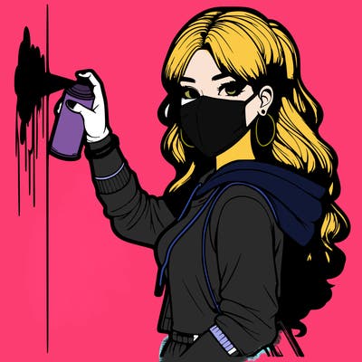 realistic girl with mask spray painting a wall
