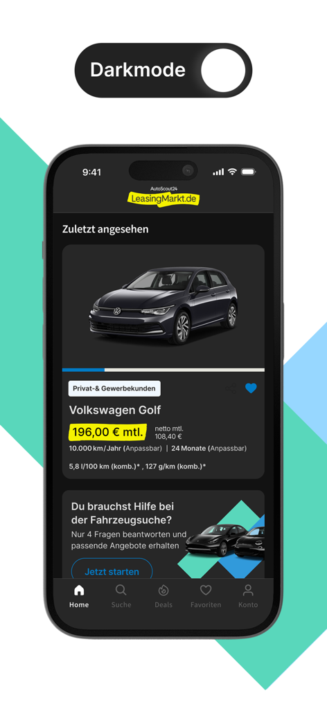 LeasingMarkt App-Oberfläche im Dark Mode, die ein Leasingangebot für einen Volkswagen Golf anzeigt