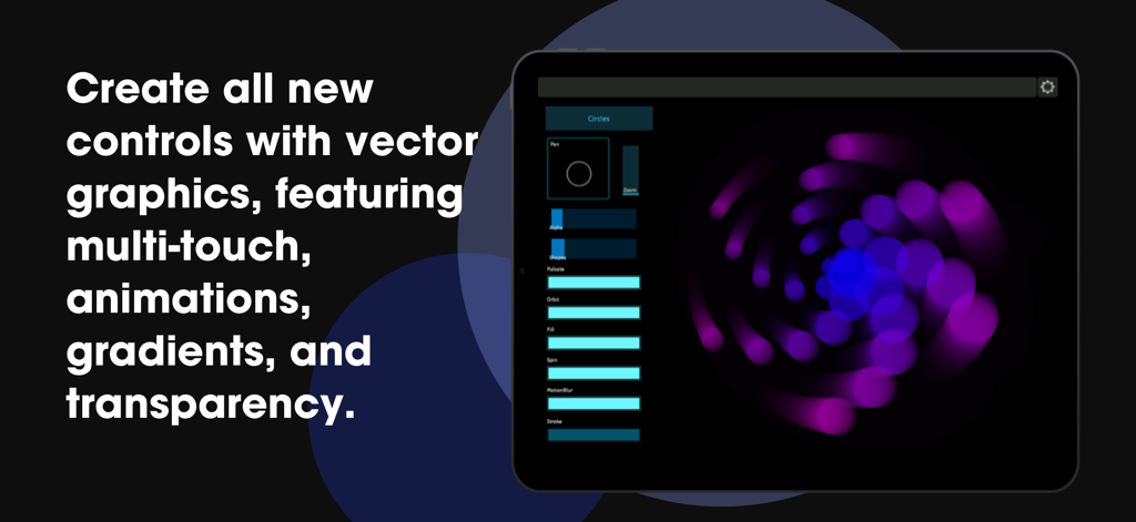 Lemur app on an iPad displaying custom vector graphics controls with multi-touch animations and gradients