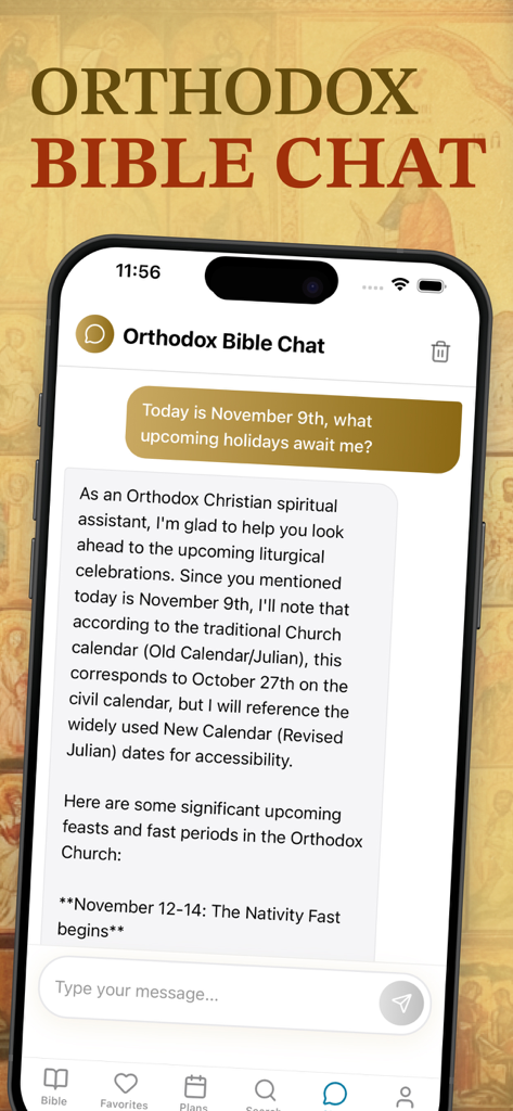 Eastern Orthodox Study Bible - Smartphone screen showing the Orthodox Bible Chat AI spiritual assistant in the Eastern Orthodox Study Bible app.
