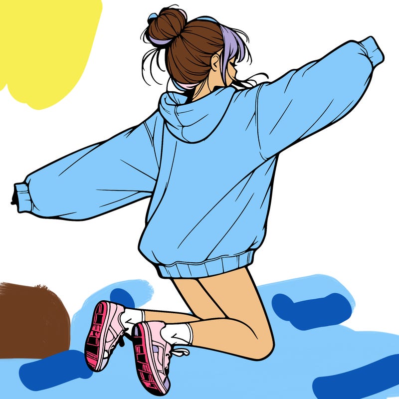 realistic girl jumping with a bun and oversized sweatshirt