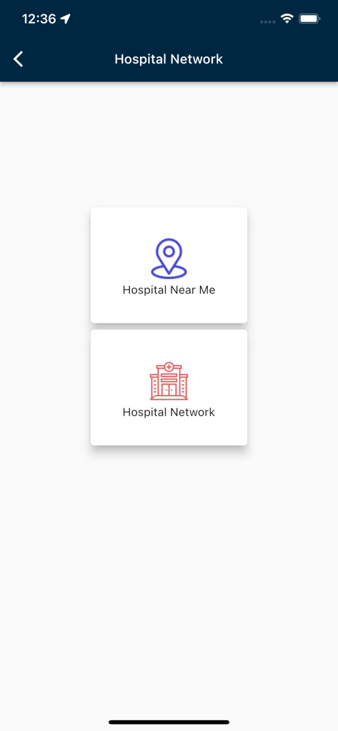 MWise app interface showing Hospital Near Me and Hospital Network search options