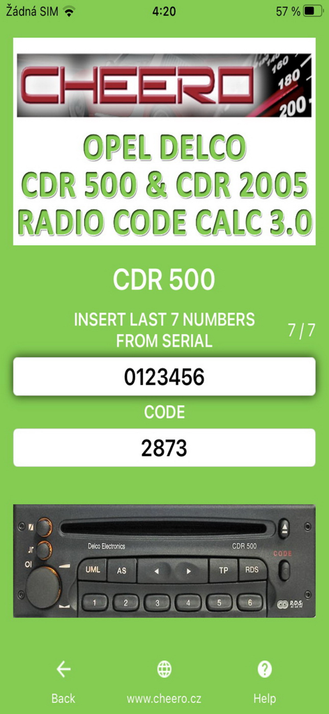 Interface of the radio code calculator app for Opel Delco CDR 500 and CDR 2005 car stereos