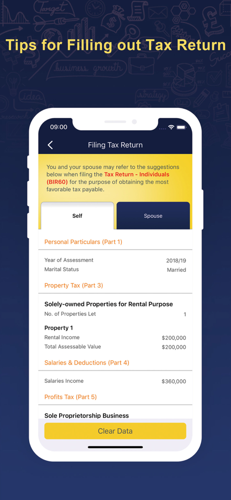 HK Salaries Tax Calculator - Interfaz de la aplicación Calculadora de Impuestos sobre el Salario de HK que muestra la pantalla de Presentación de Declaración de Impuestos con secciones para datos personales e ingresos por propiedad