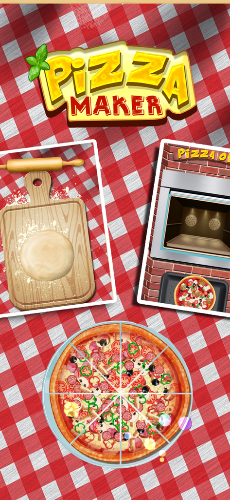 Pizza Games - ピザゲームアプリのスクリーンショット。ピザ生地の準備、オーブンでの焼き、完成したスライスされたピザが表示されています。