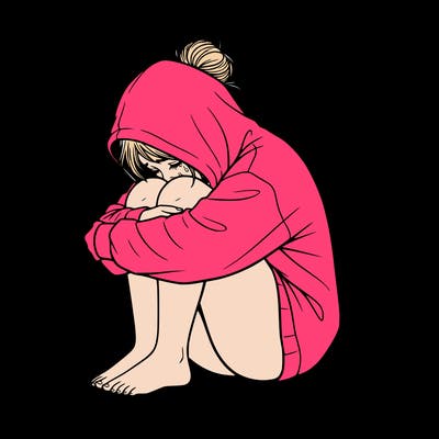 girl crying with hoodie over her hair and hair in bun
