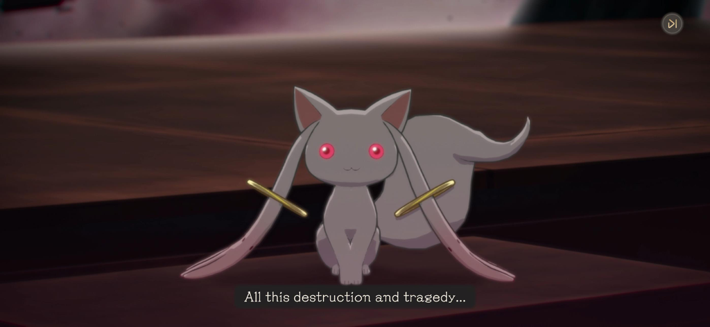 Madoka Magica Magia Exedra - Uma cena cinematográfica 3D com Kyubey e a legenda 'all this destruction and tragedy'