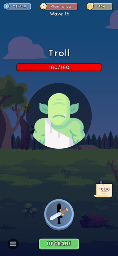 Gameplay-Bildschirm von Pause Game Incremental RPG, der einen grünen Troll-Gegner und eine Schwert-Aktionstaste zeigt