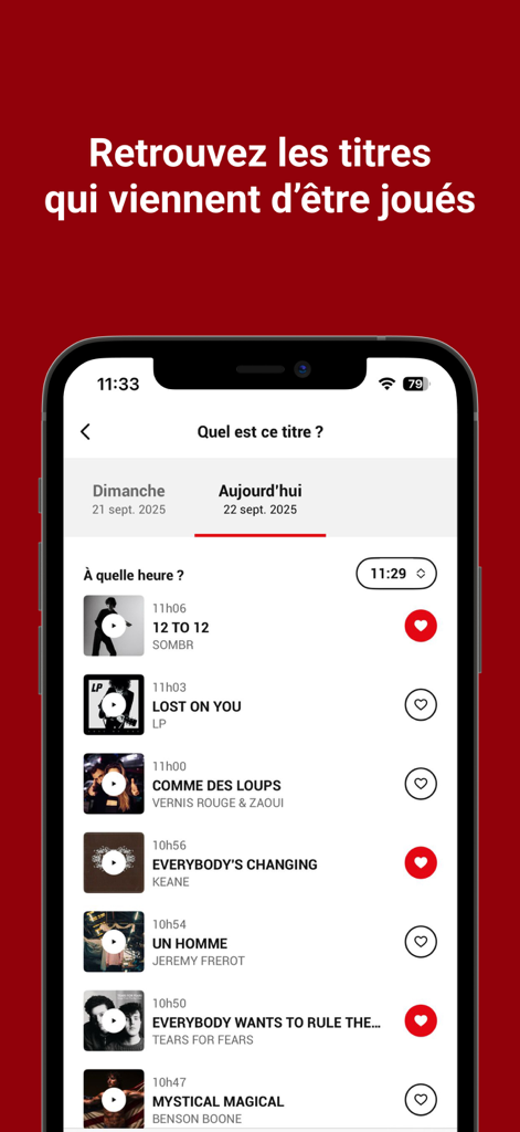 RTL2 - Le Son Pop-Rock - A list of recently played pop-rock tracks on the RTL2 radio app interface
