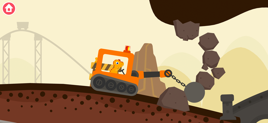 Un dinosaure conduisant un bulldozer orange avec une boule de démolition cassant des rochers dans un jeu de construction pour enfants