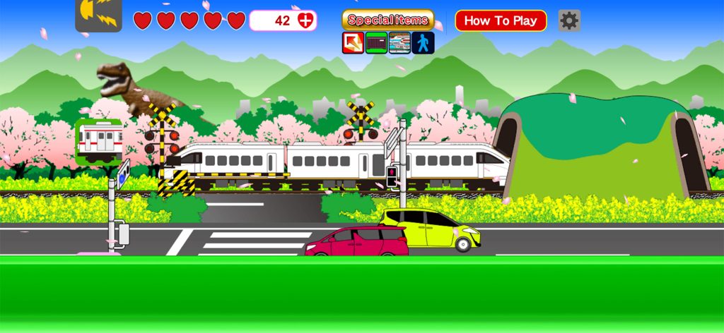 Working Car Vroom S - Working Car Vroom S gameplay screen featuring a high speed train passing a crossing with a dinosaur and cars in a colorful landscape