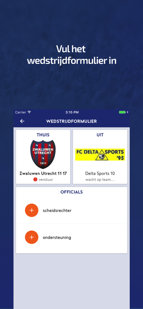Mobile interface of the Wedstrijdzaken app showing a digital match form with home and away soccer teams and a section for officials.